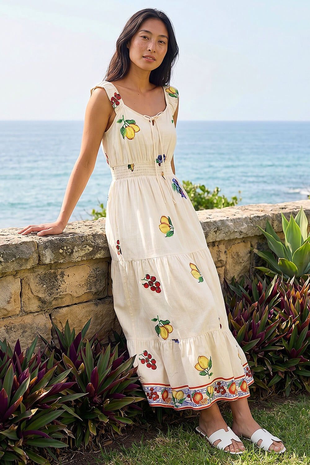 Roman Petite Fruit Print Strappy Midi Dress