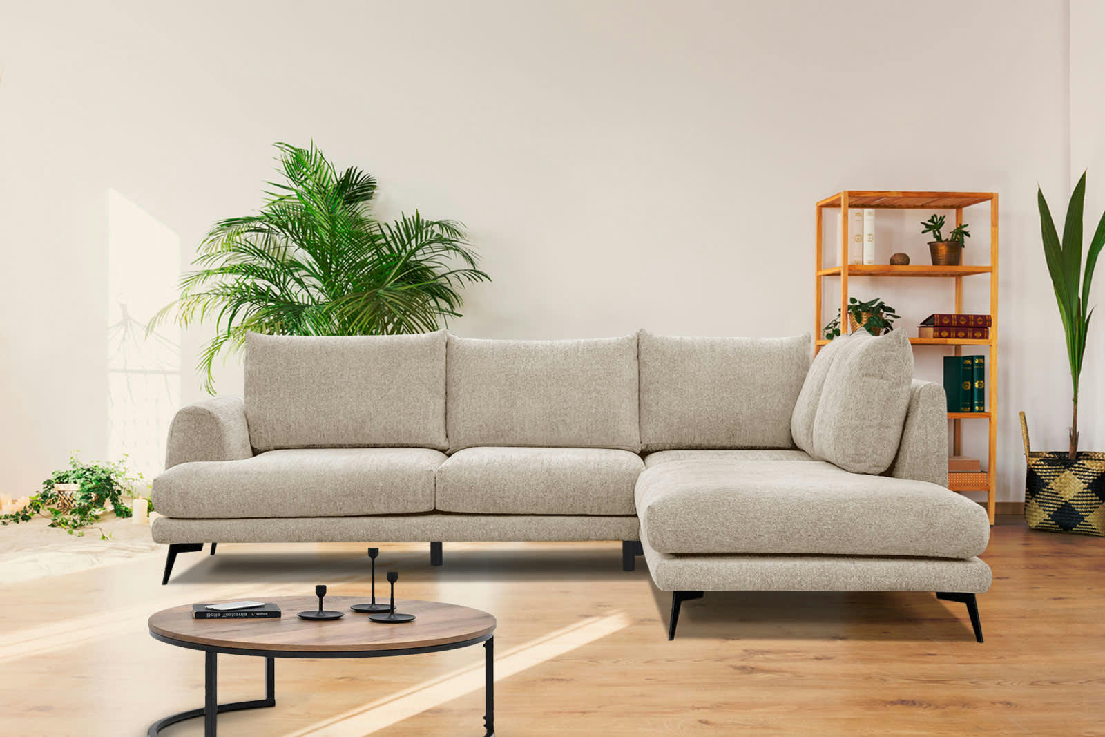 ADRIA - Canapé d'angle droit 5 places tissu beige