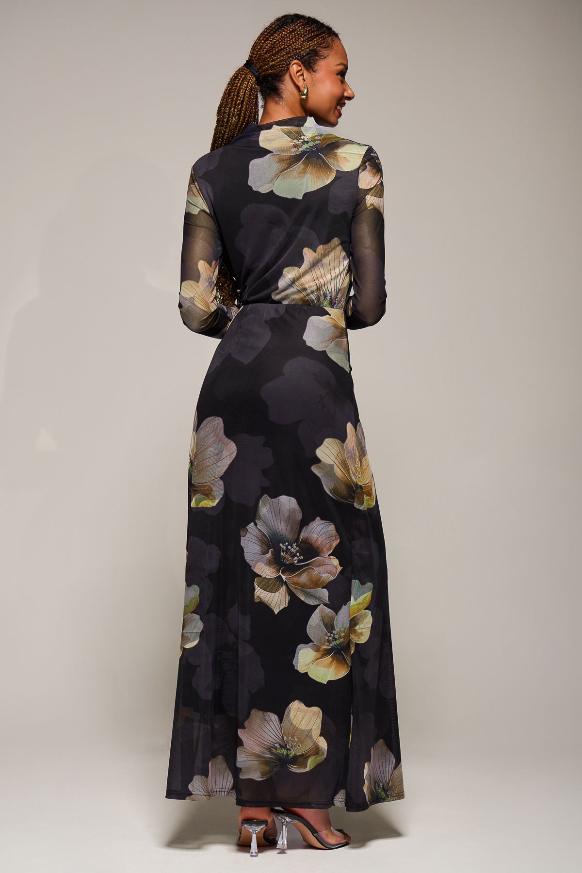 Jolie Moi High Neck Long Sleeve Mesh Maxi Dress