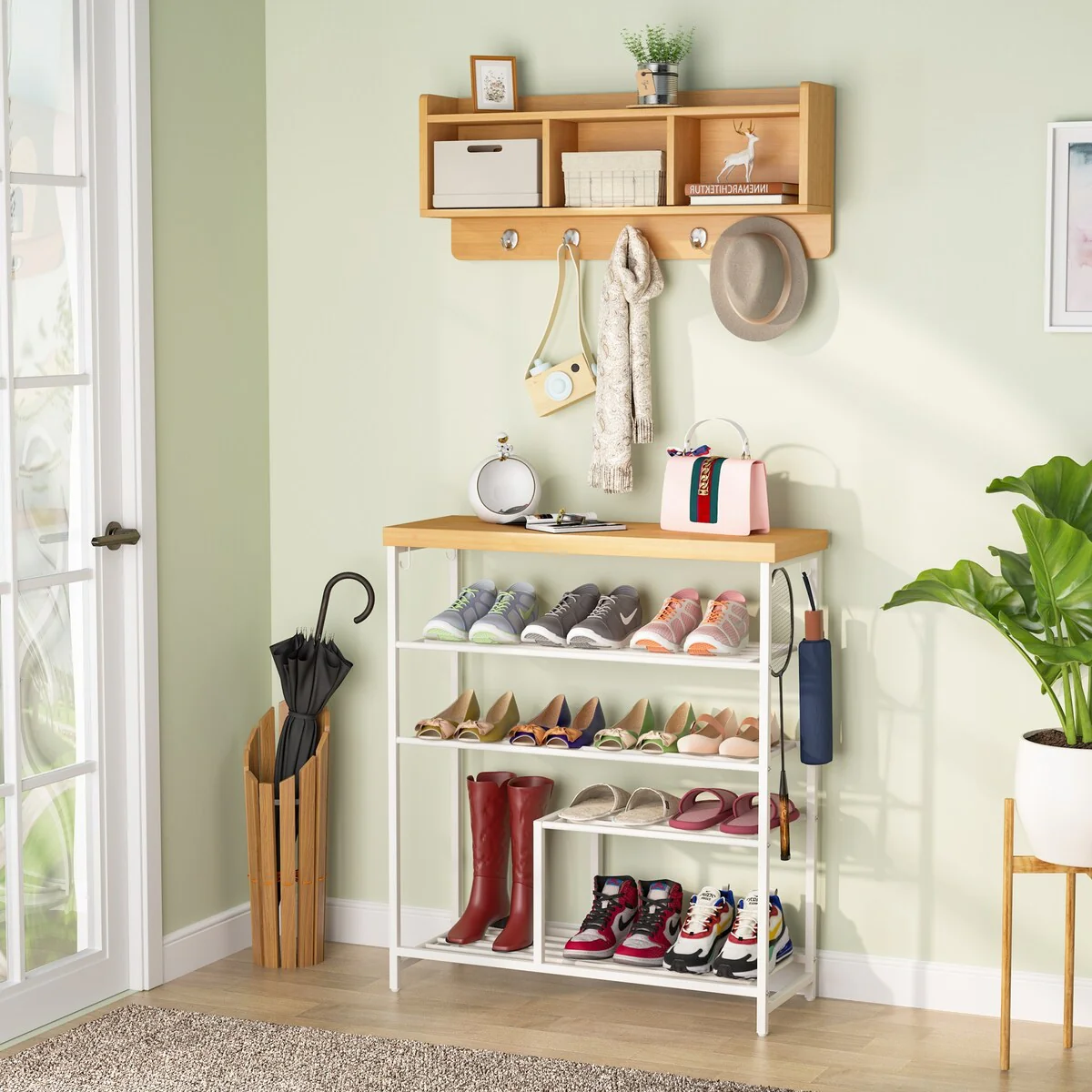 Hall Tree with Bench and Shoe Storage with 7 Hooks, Entryway bench with coat rack - 31.49 x 11.81 inches