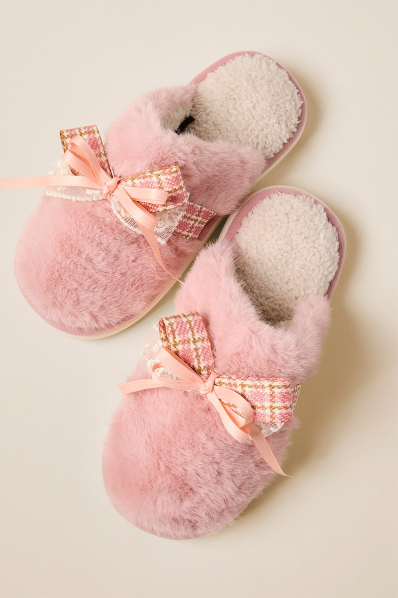 Plaid Bow Fuzzy Slippers