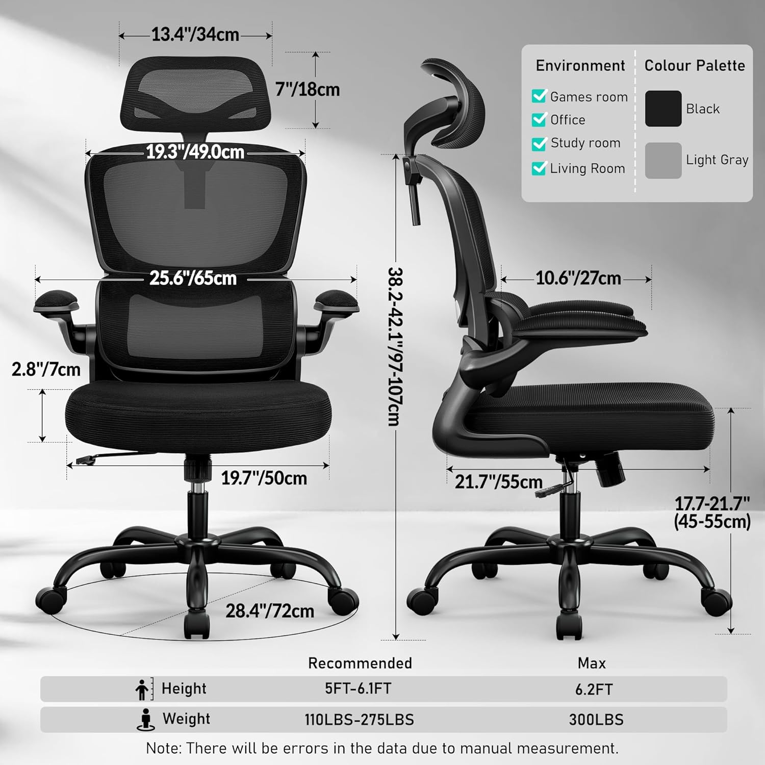 BESTFAIR High Back Ergonomic Office Chair, Breathable Mesh Desk Chair with Lumbar Support, Adjustable Headrest, Flip-up Armrests, Computer Gaming Chair, (Black)