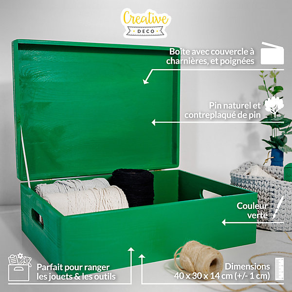 Creative Deco Boite de Rangement en Bois Vert 40 x 30 x 14 cm ( /-1cm) - Couvercle et Poignées - Boîte Souvenirs - Boîte à Jouets