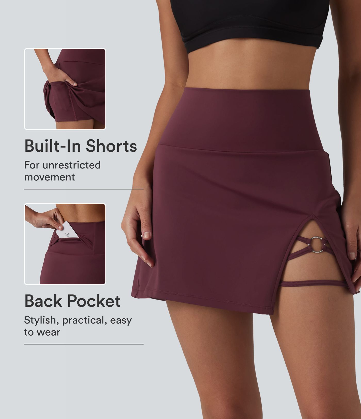 Jupe mini de danse 2-en-1 taille haute à ourlet asymétrique, coupe évasée avec poches