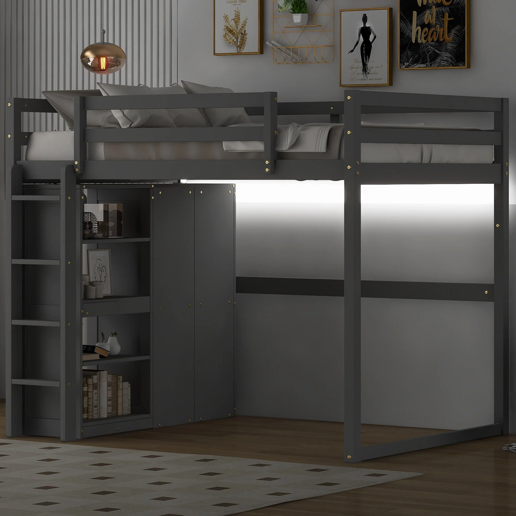 Space-Saving Full Loft Bed with Built-in Wardrobe, Shelving, and LED Lighting