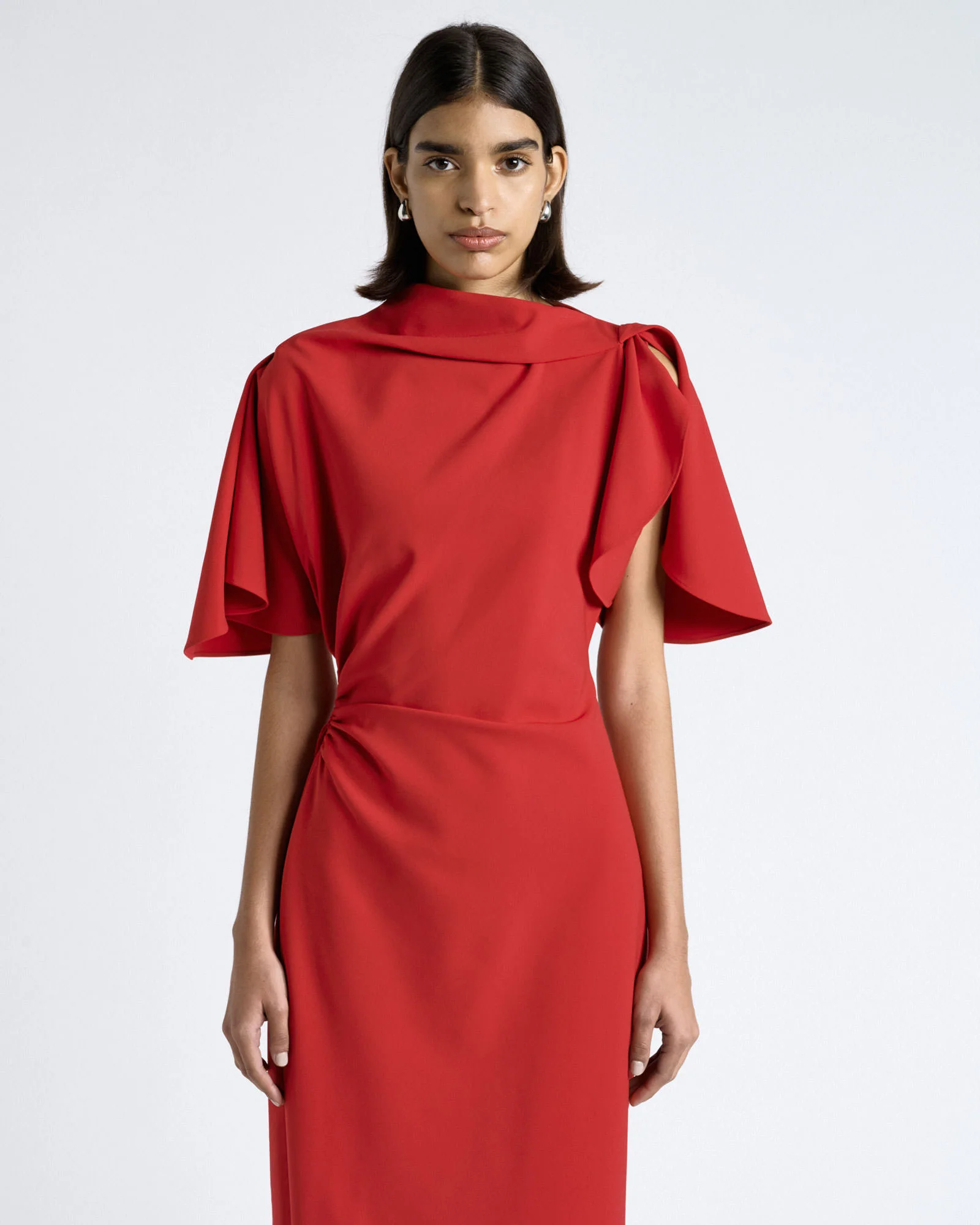Crepe Draped Neck Midi Dress