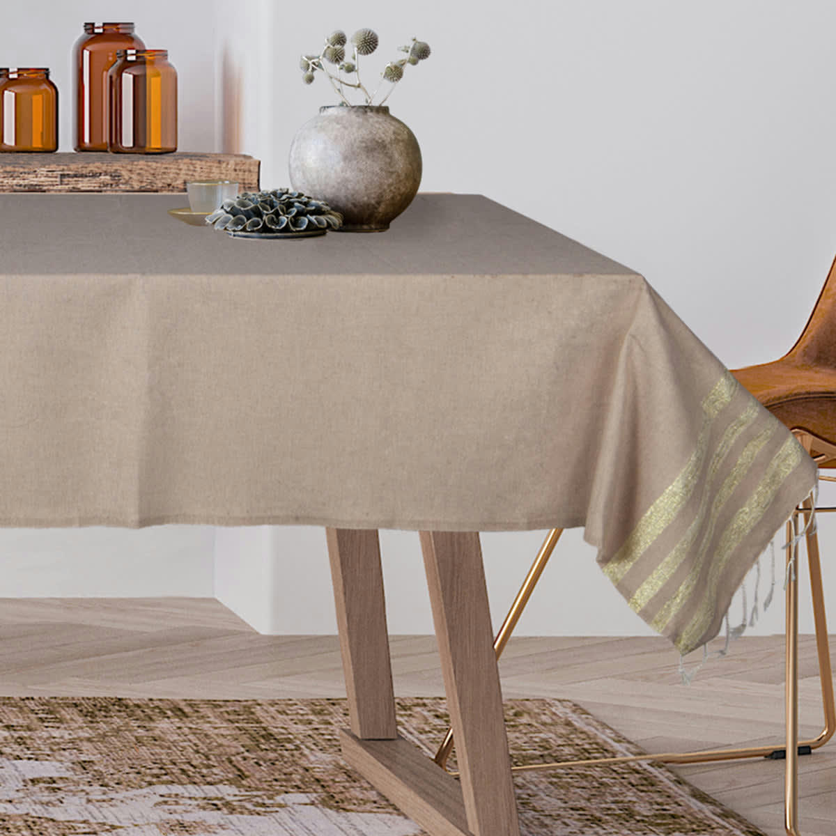 HAMPTONS - Nappe carrée lurex coton  170x170 beige / or