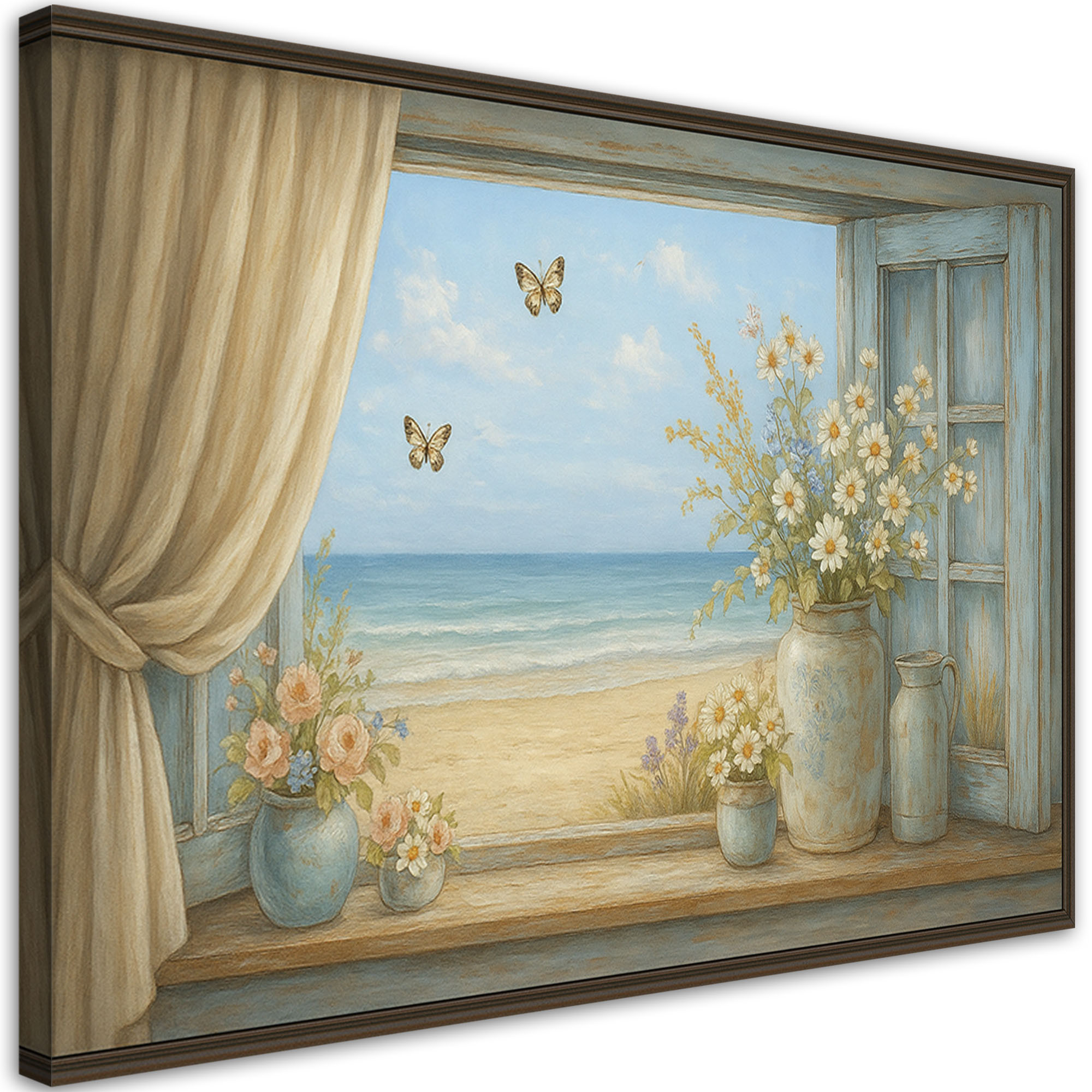Obraz do salonu sypialni, Widok z okna na plażę Shabby Chic 30x20