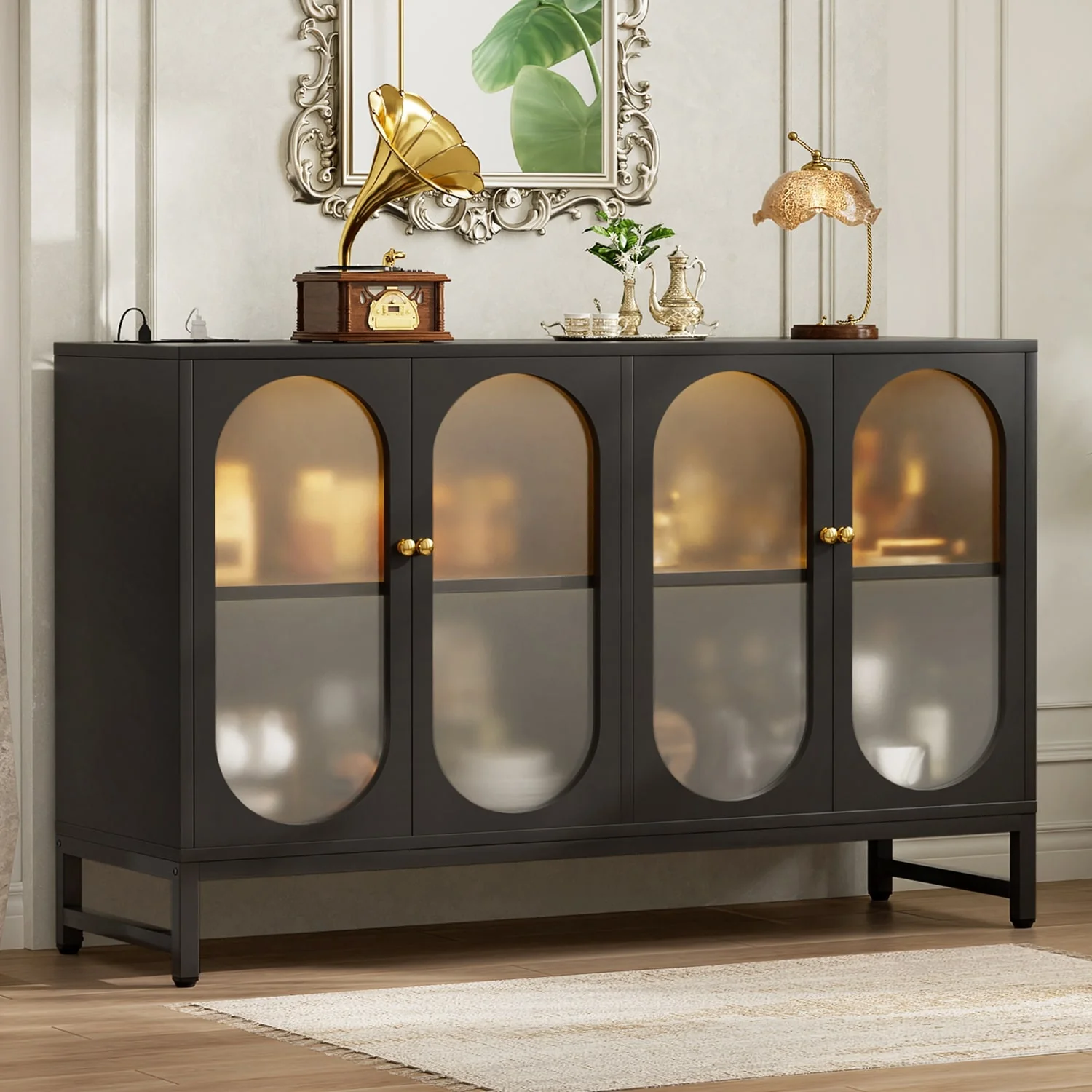 Modern Farmhouse Black Sideboard Buffet with USB Port, Black Storage Bar Cabinet with LED Light
