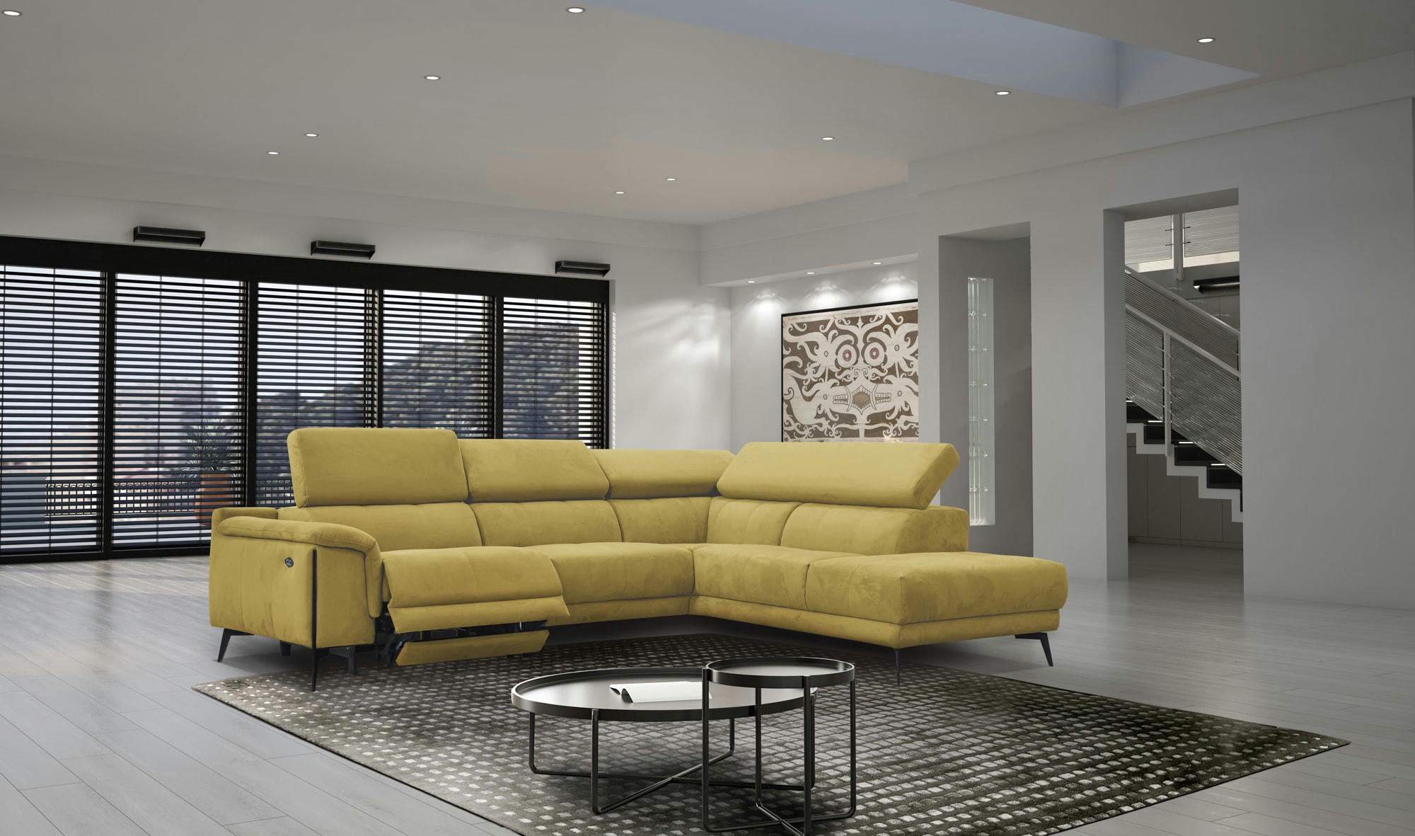 MATERA - Canapé d'angle droit 5 places avec une relax électrique, Tissu Jaune