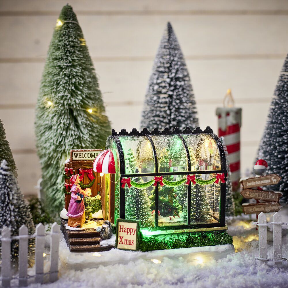 Décoration à poser serre lumineuse LED sapins de No&euml;l 16X10X11,5cm