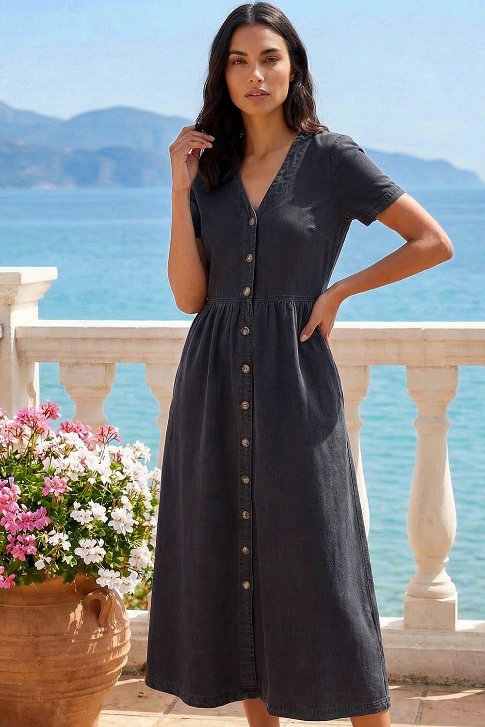 Roman Denim Button Through Midi Dress