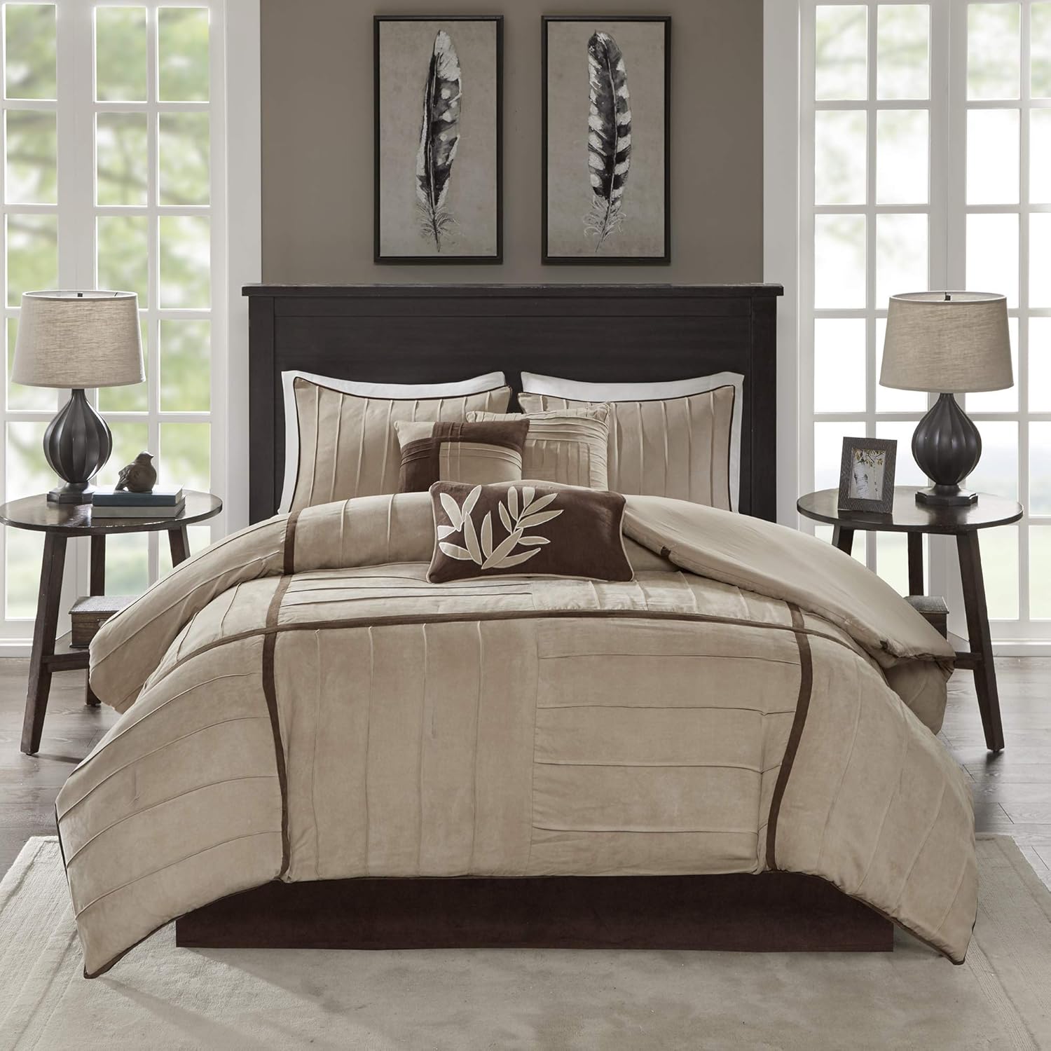 Madison Park Cozy Comforter Set Casual Blocks Design All Season, Matching Bed Skirt, Decorative Pillows, King(104x92), Dune Suede, Beige Brown, 7 Piece