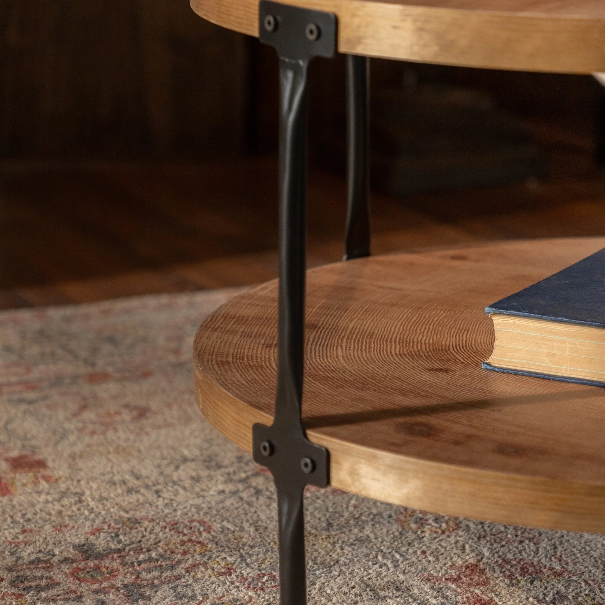 Round Two-Ply Coffee Table Handcrafted Relief Sturdy Pedestal Wooden Olive-Shaped Tea Table