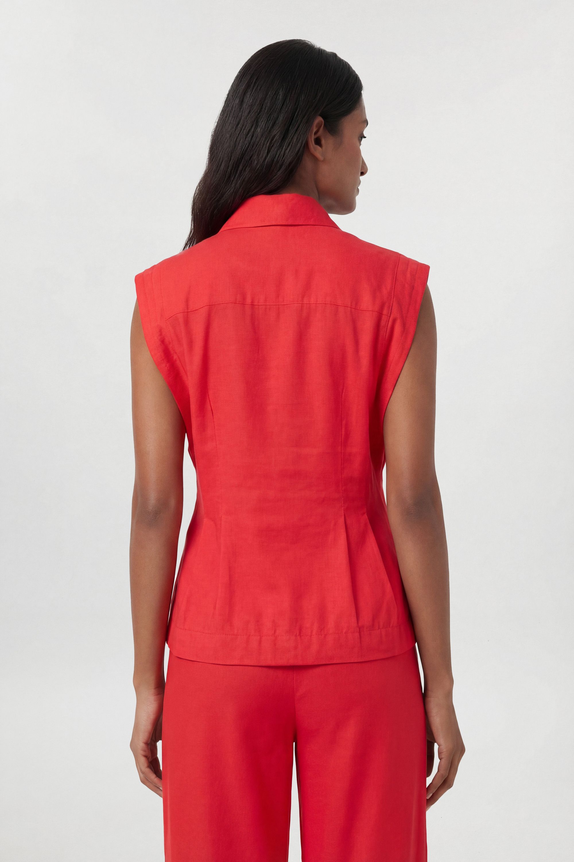 KarenMillen Premium Viscose Linen Topstitch Woven Blouse With Waist Seam Detail