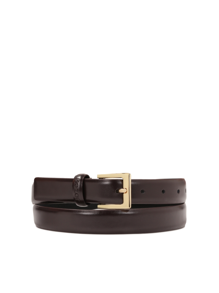Narrow brown belt with gold buckle