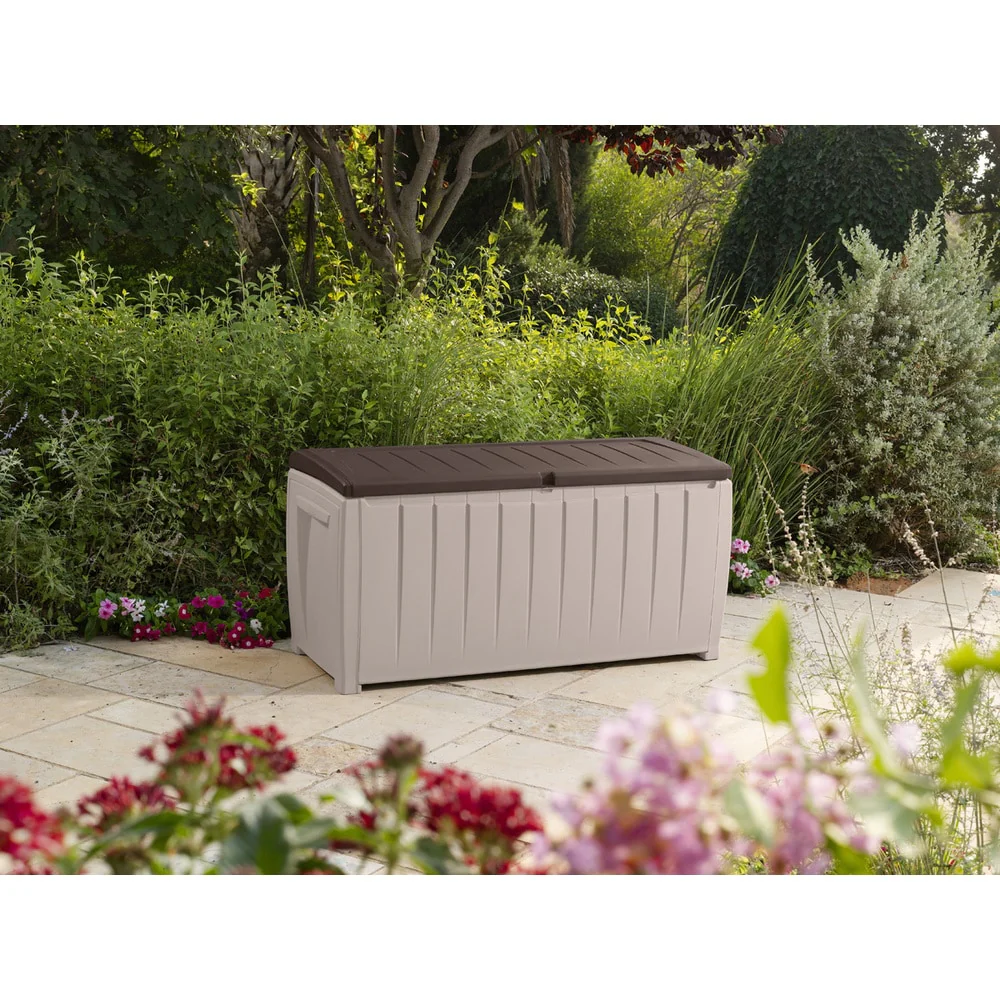 Keter Novel 90 Gallon Durable Resin Outdoor Storage Deck Box For Furniture and Supplies, Brown and Beige