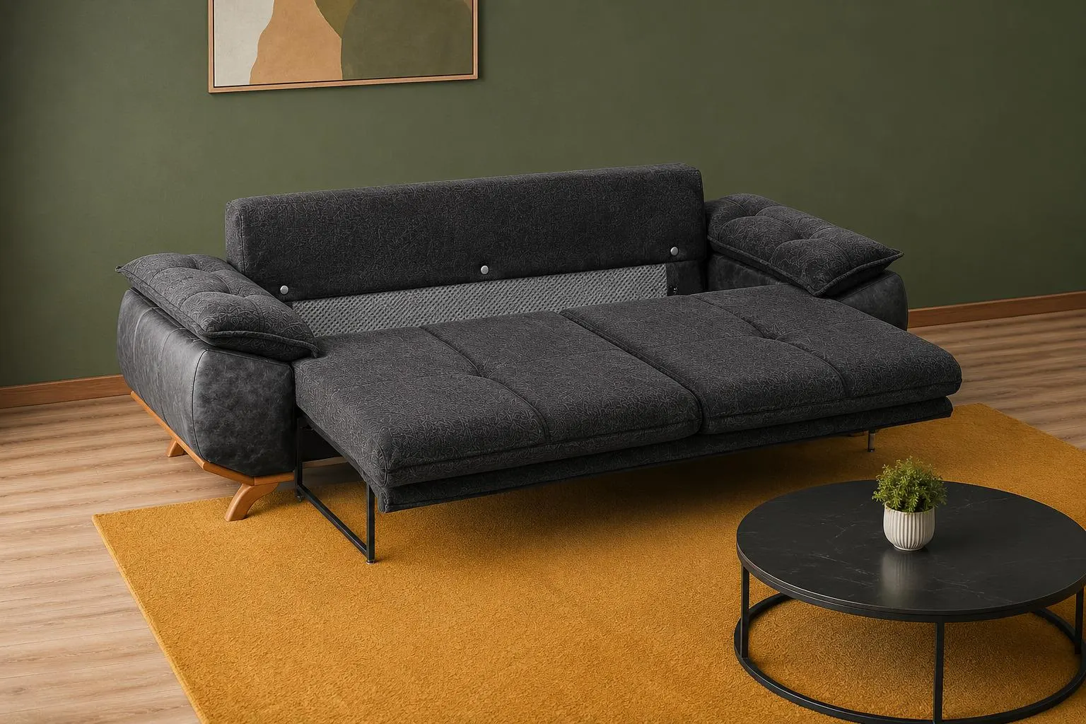 Dark Gray Convertible Sofa Bed with Storage Modern 3 Seater Sleeper Sofa Luxury Living Room Couch with Wooden Legs