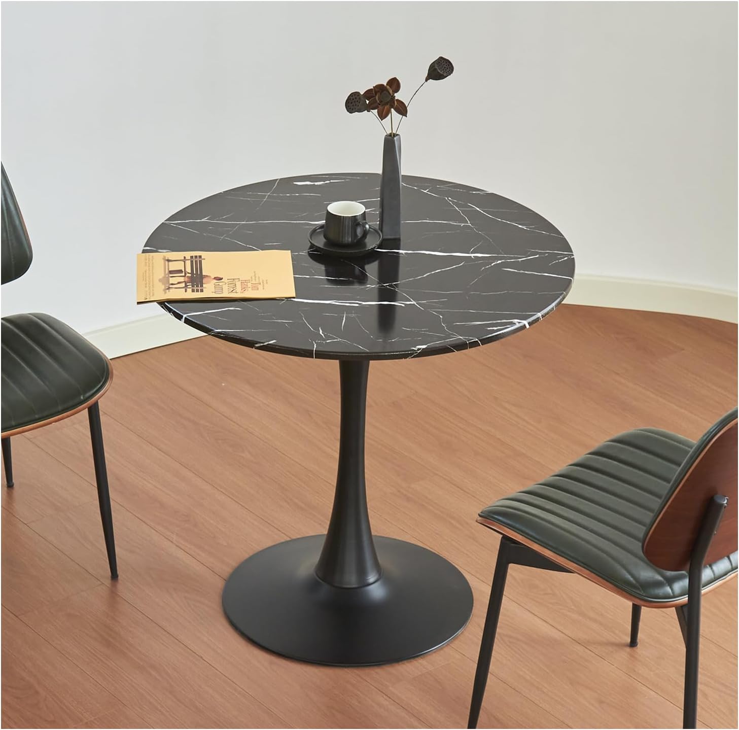 Round Dining Table, 31.5 Circle Tulip Table with Thickened Tabletop & Metal Pedestal, Mid Century Modern Bistro Table for Kitchen, Small Places, Living Room, Cafe (Marble Pattern Black)
