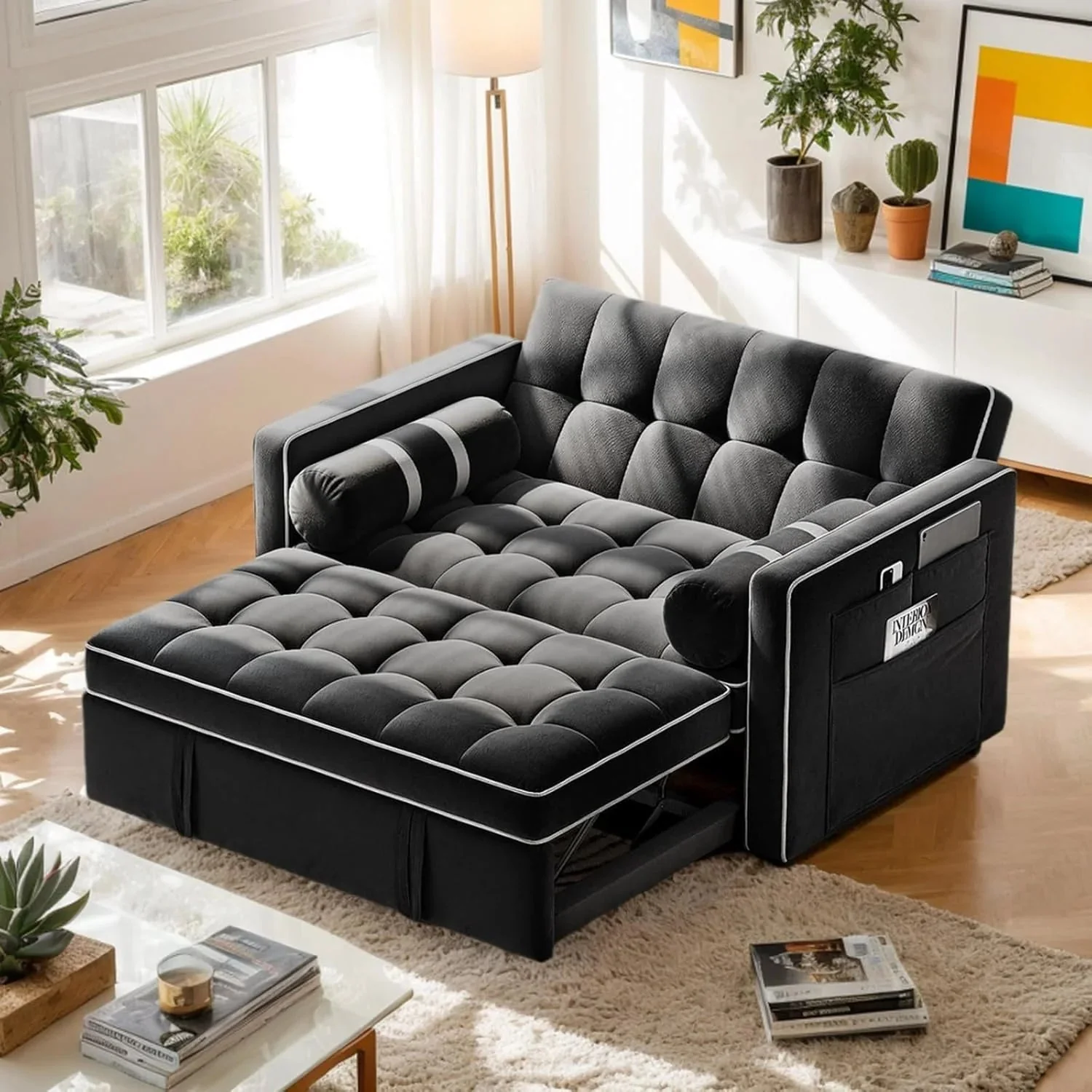 3 in 1 Convertible Sleeper Sofa Bed(Black Velvet)