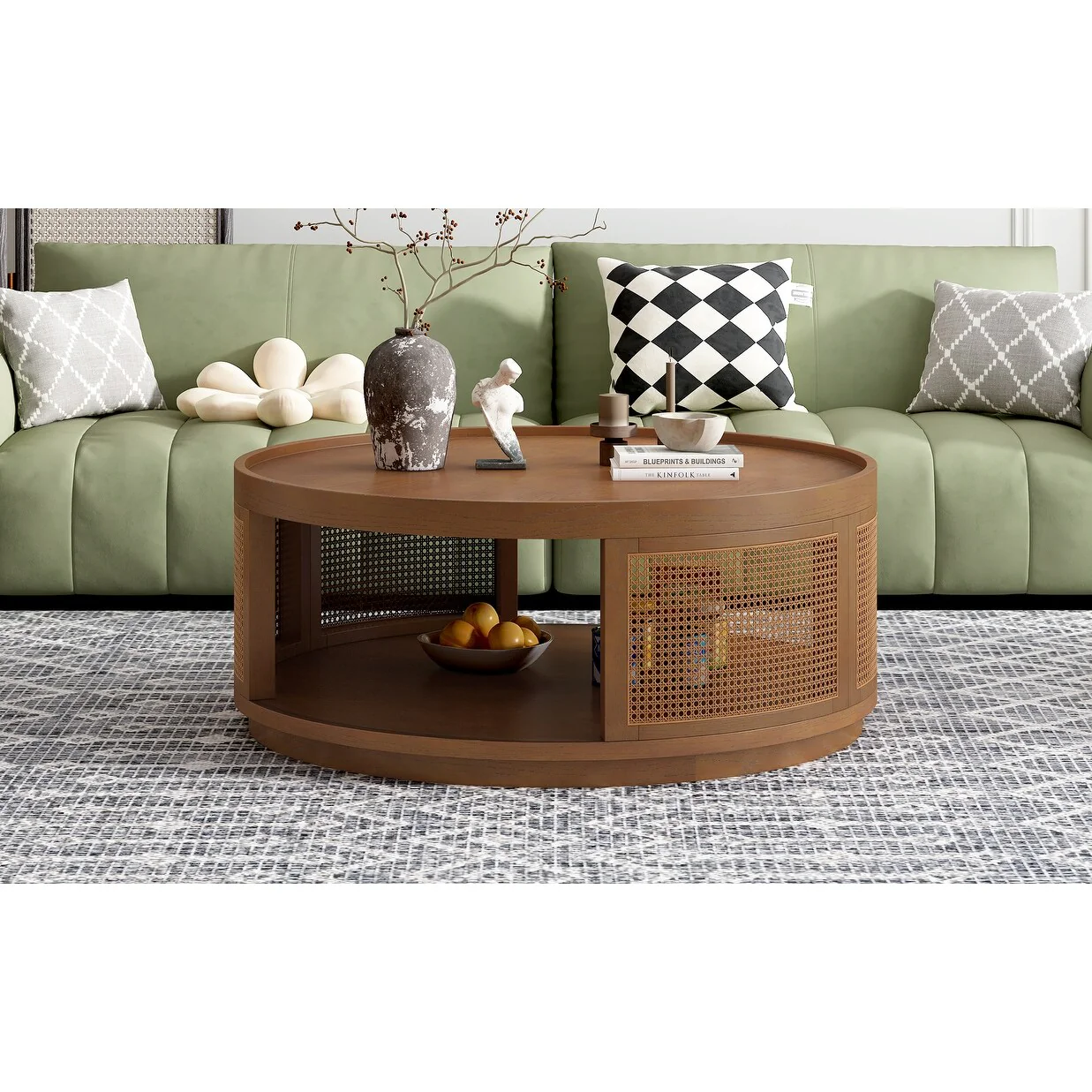 Wooden Mid-Century Modern Coffee Table, Round Cane Coffee Table With Pe Rattan Side