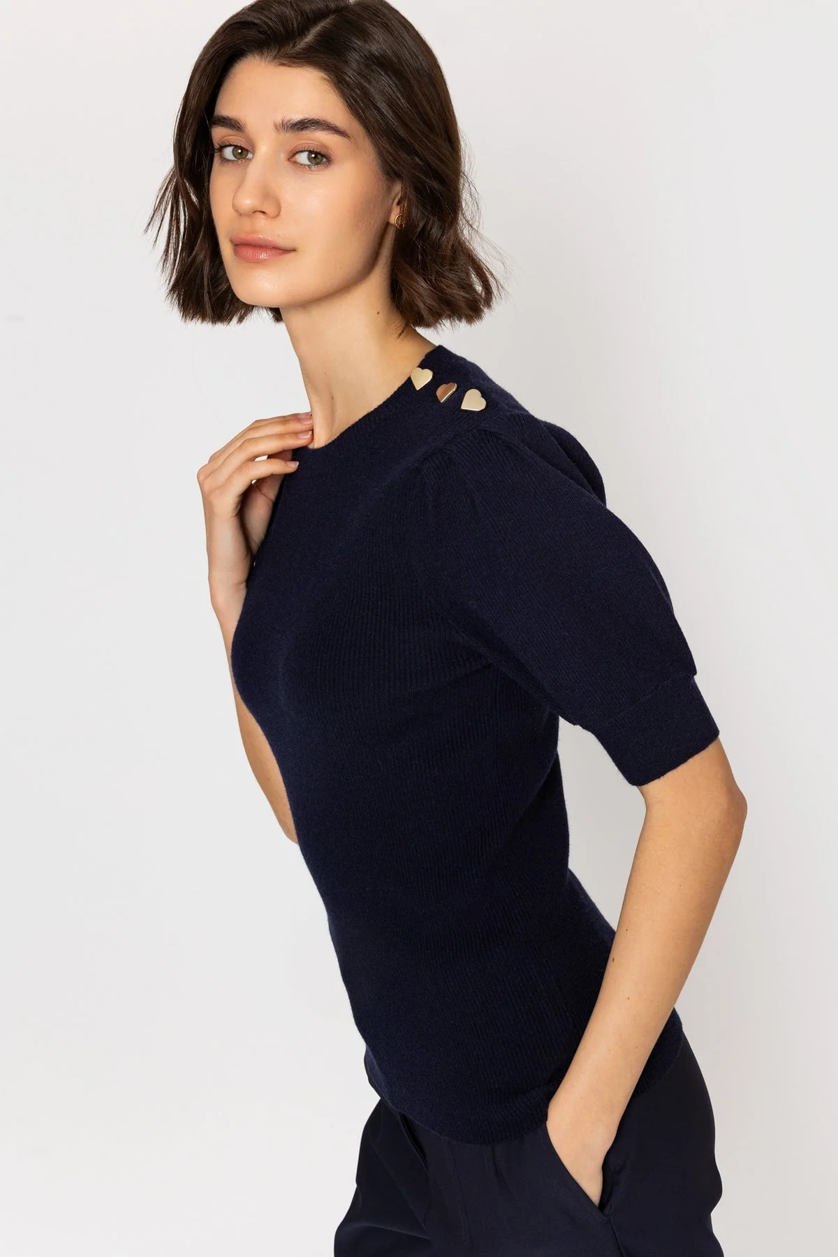 Navy Short Sleeve Knit Top with Heart Buttons