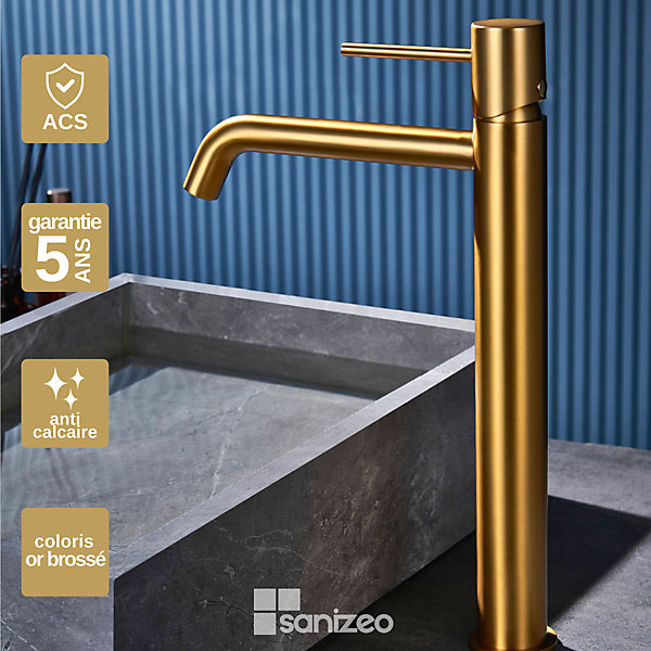 Mitigeur de Lavabo Anti-Calcaire Bec Haut Or Brossé IMEX MONZA BDM039-3OC
