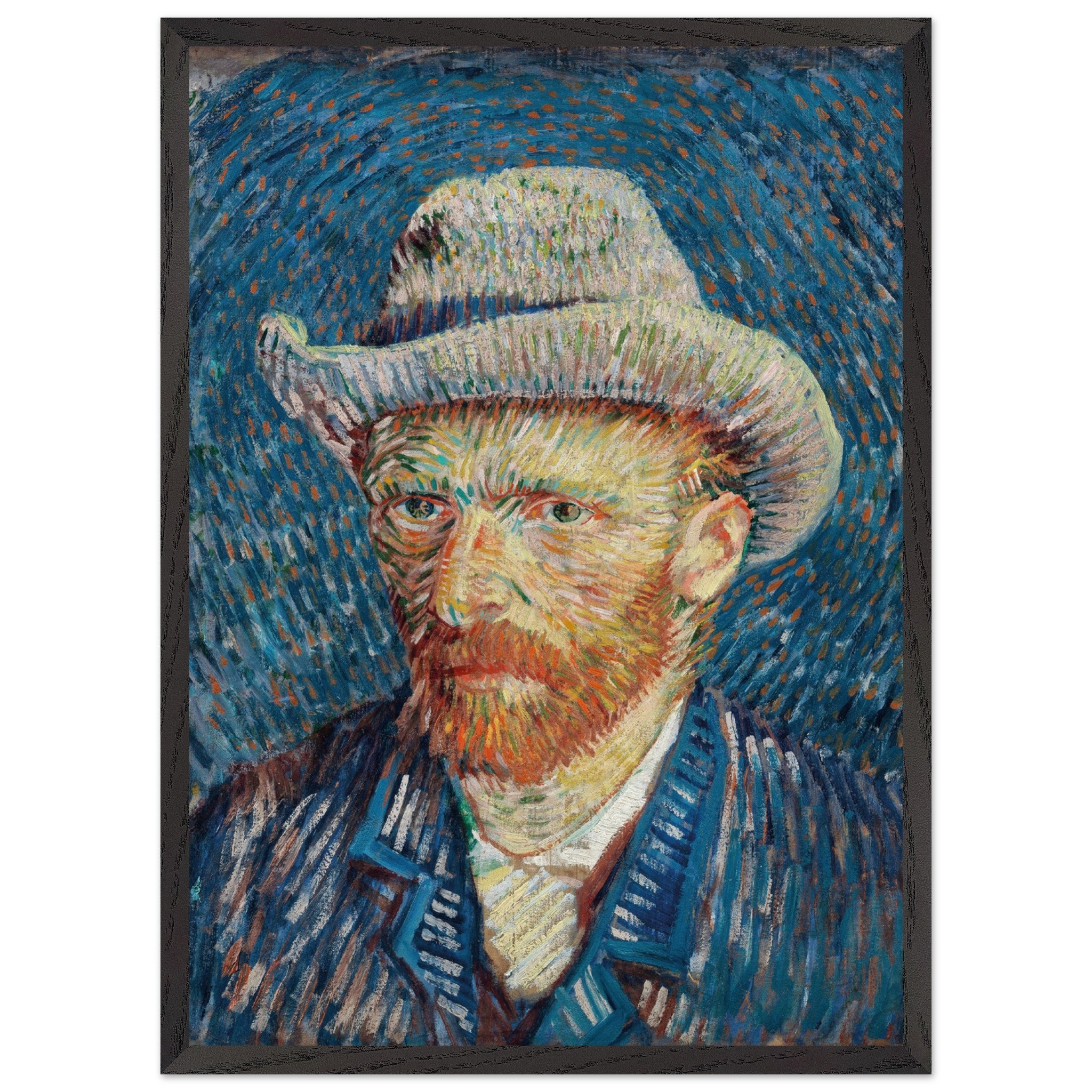 Artfulprints Poster met Lijst Vincent van Gogh - Zelfportret met grijze vilthoed  - 50x70 cm - Blauw