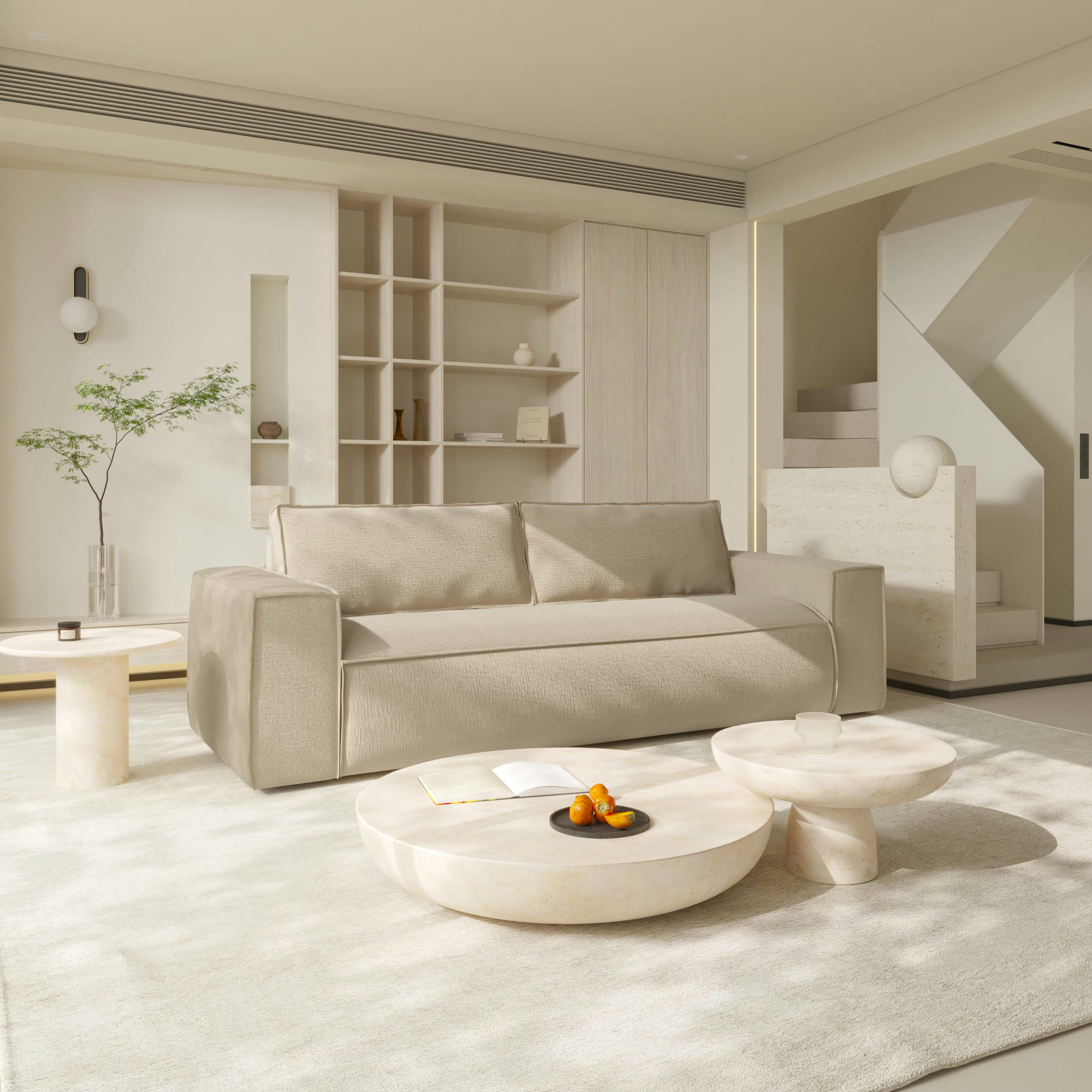 JOAN - Canapé convertible express dunlopillo velours texturé beige 140cm