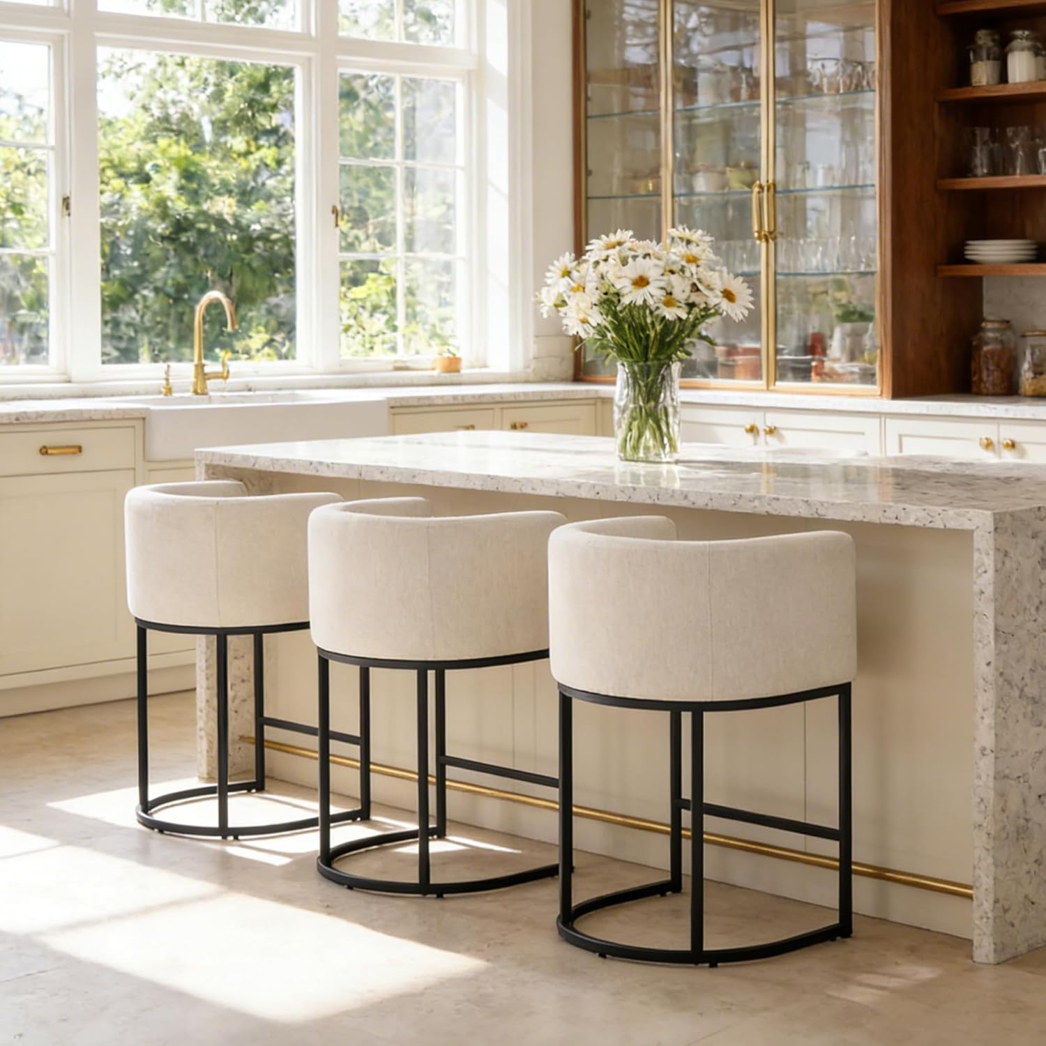 26 Counter Height Bar Stools Set of 3, Linen Fabric Upholstered Kitchen Counter Bar Stools, Modern Barrel Accent Barstools for Island with Backrest and Arms, Black Metal Frames, Linen