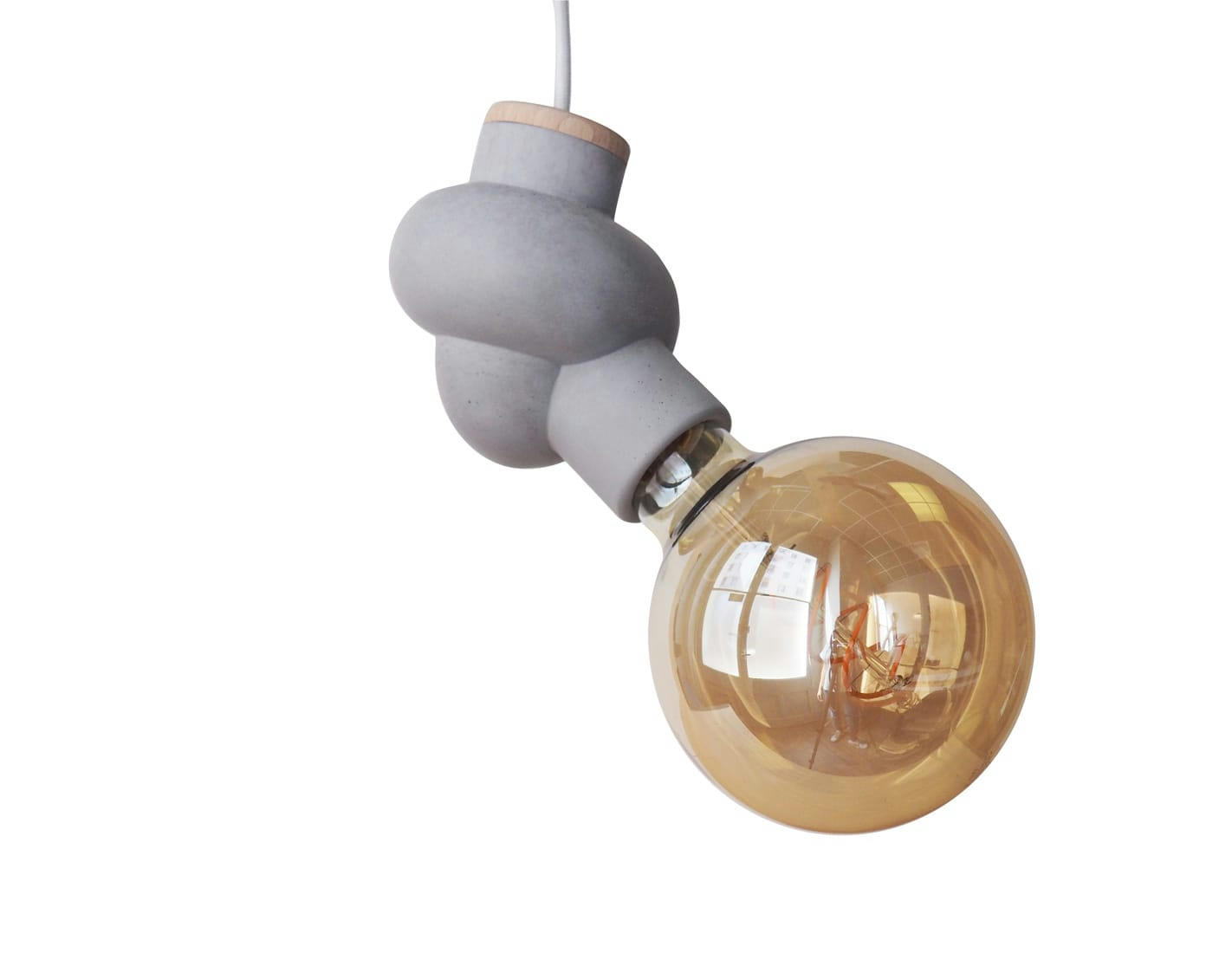 NOEUD - Lampe à suspendre en béton et bois cordon blanc ampoule edison