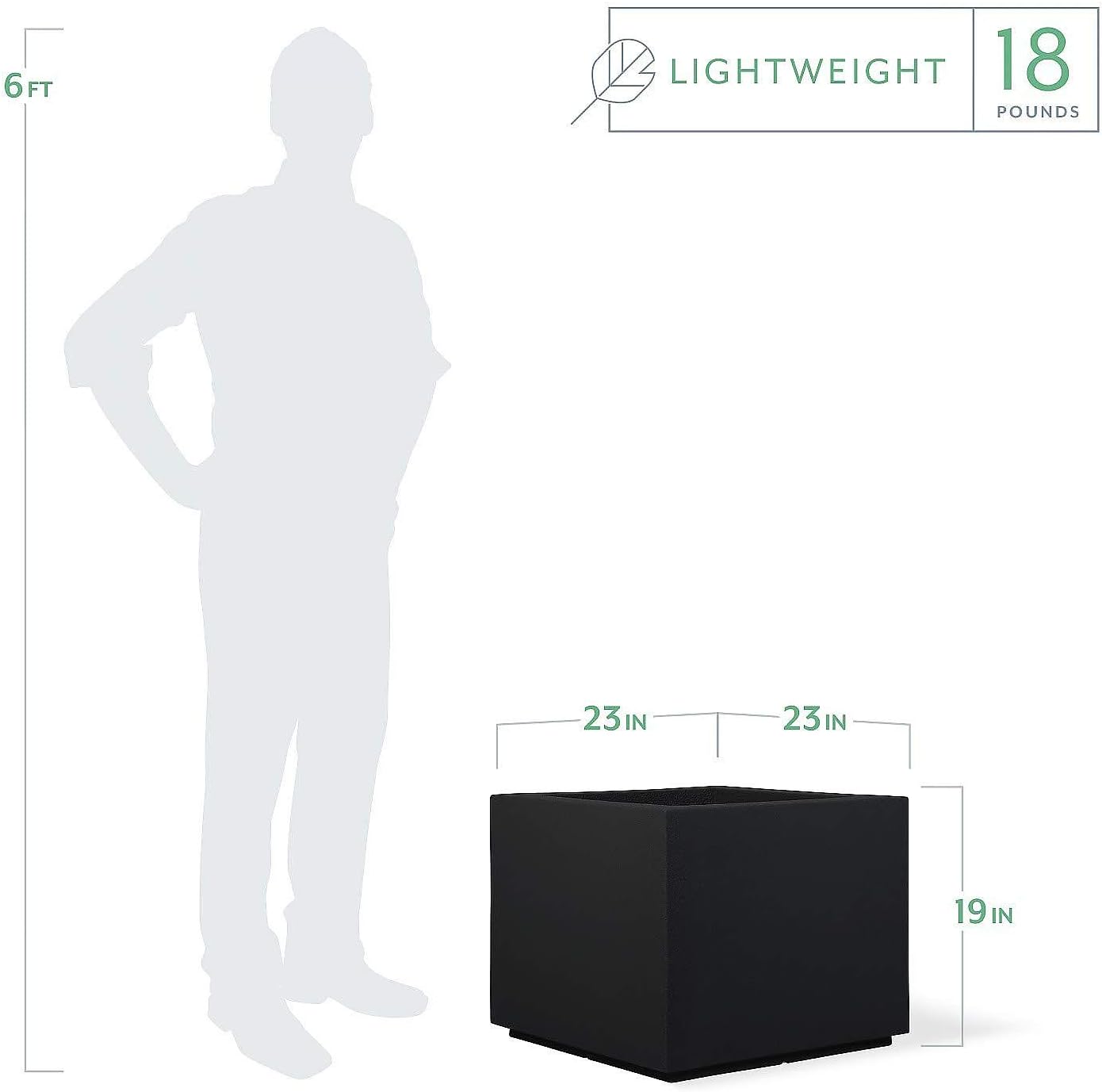 PolyStone Monterray Square Outdoor Planter  23 L x 23 W x 19 H – Lightweight Modern Garden & Patio Planter  Weather Resistant Indoor/Outdoor Décor  Black