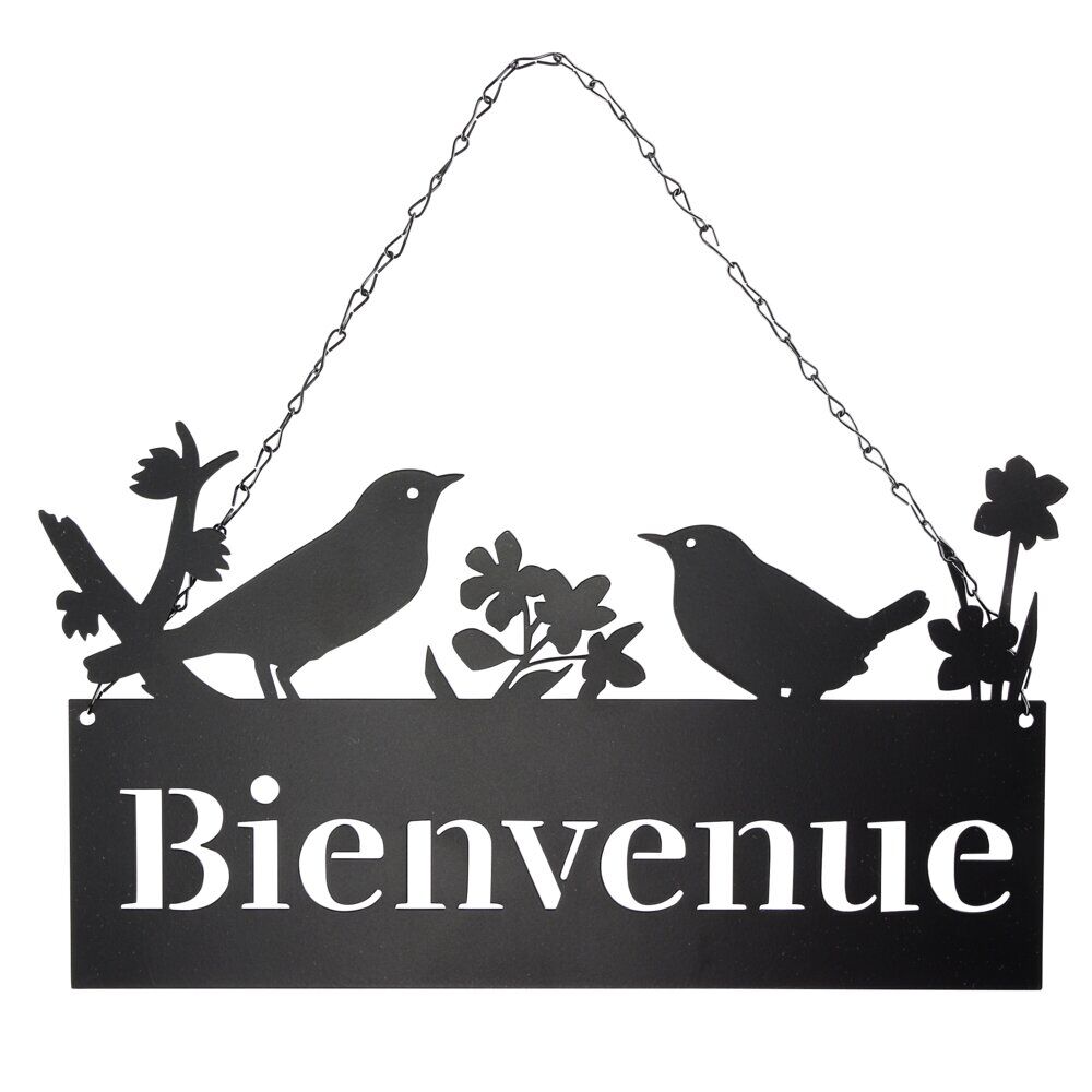 Décoration extérieure à suspendre BIENVENUE ajourée métal noir L35xH19,5cm