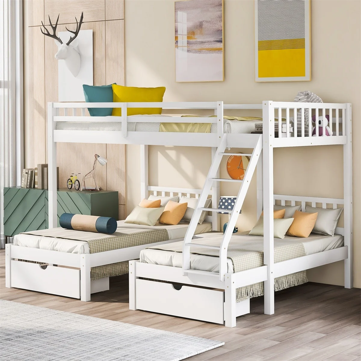 Merax Full Over Twin & Twin Bunk Bed, Wood Triple Bunk Bed with Drawers and Guardrails