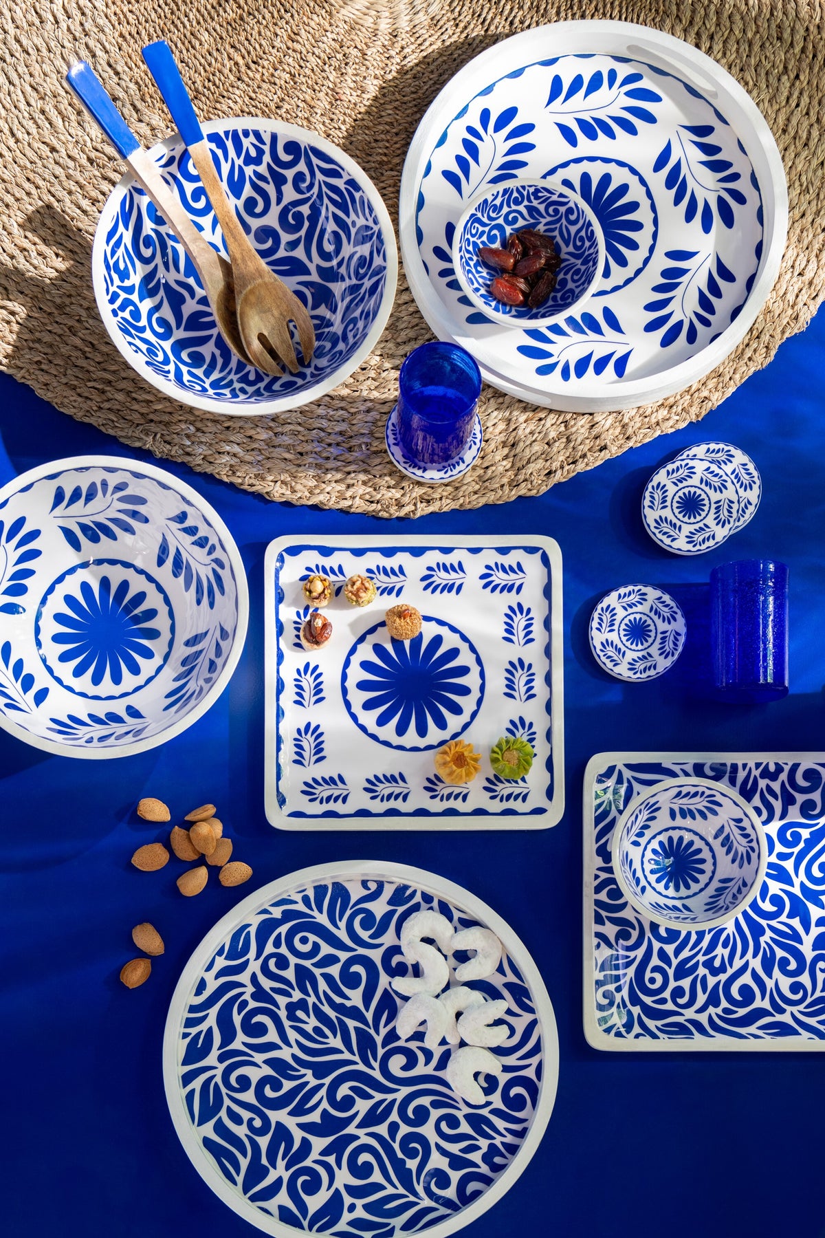 J-Line onderzetter Bloemen - hout - blauw/wit - set van 4