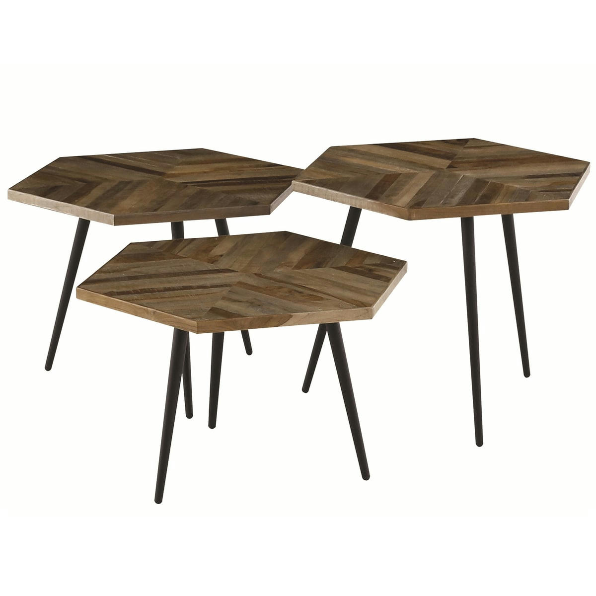 WOODY - Tables basses hexagonales teck recyclé et métal  (set de 3)