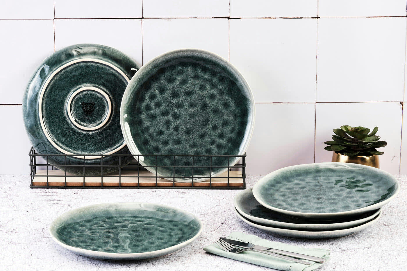 MOON - Lot de 6 assiettes plates en grès bleu D28,5