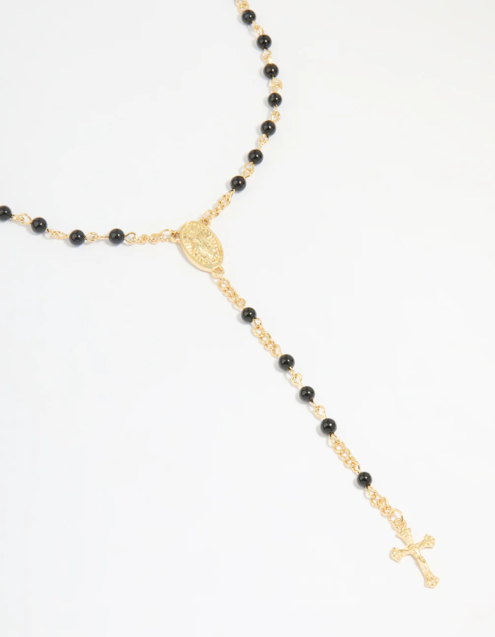 Gold Plated Black Onyx & Cross Lariat Necklace