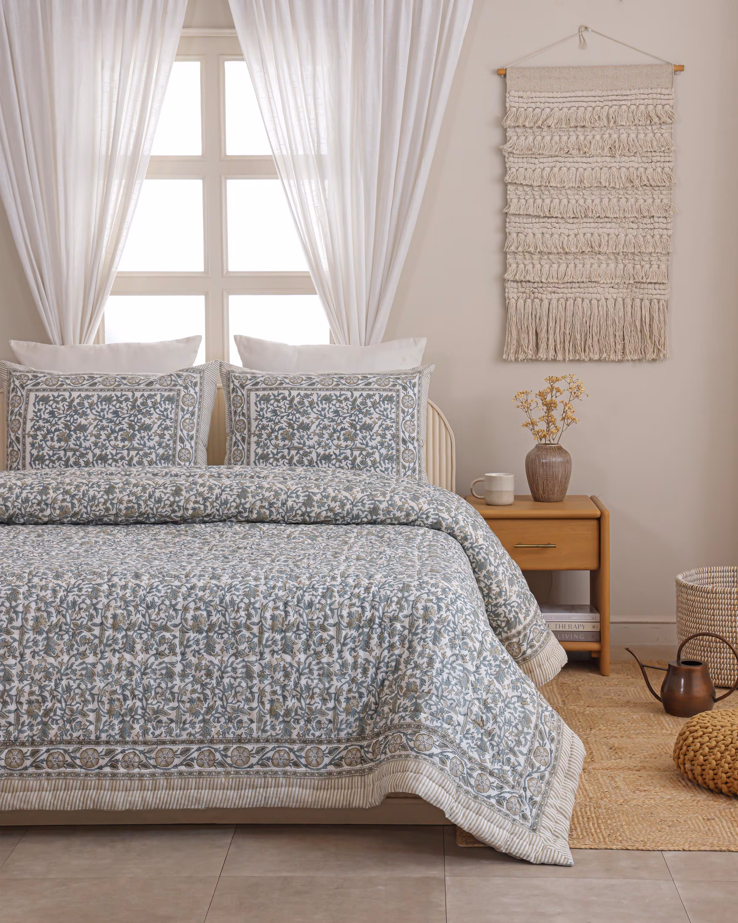 Grey and Taupe Floral Block Printed Quilt, Cotton Reversible Bedspread, Boho Handmade Bedding Set, Twin Full Queen King, Matching Shams