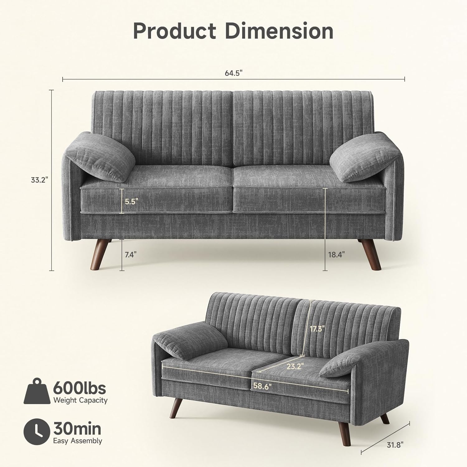 ONBRILL 64.5 Loveseat Sofa, Chenille Loveseat Couch for Living Room, 23.2 Deep Seat Love Seat with Padded Arms, Comfy Modern Small Couches for Bedroom, Small Spaces, Dorms, Office, Grey
