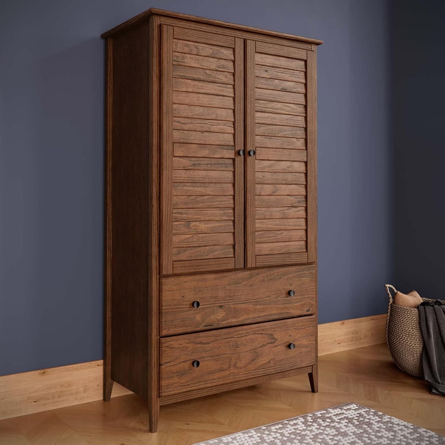 Grain Wood Furniture Greenport 2-Door Wardrobe, Solid Wood with a Brushed Walnut Finish