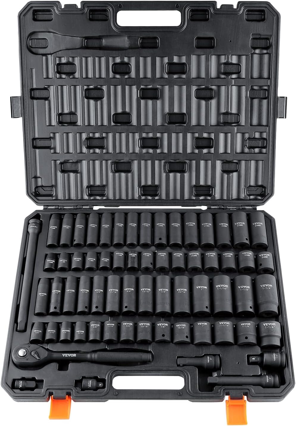 VEVOR 1/2 Drive Impact Socket Set, 65 Piece SAE 3/8 to 1-1/4 and Metric 10-24mm, 6 Point Cr-V Alloy Steel for Auto Repair, Easy-to-Read Size Markings, Rugged Construction, Storage Case