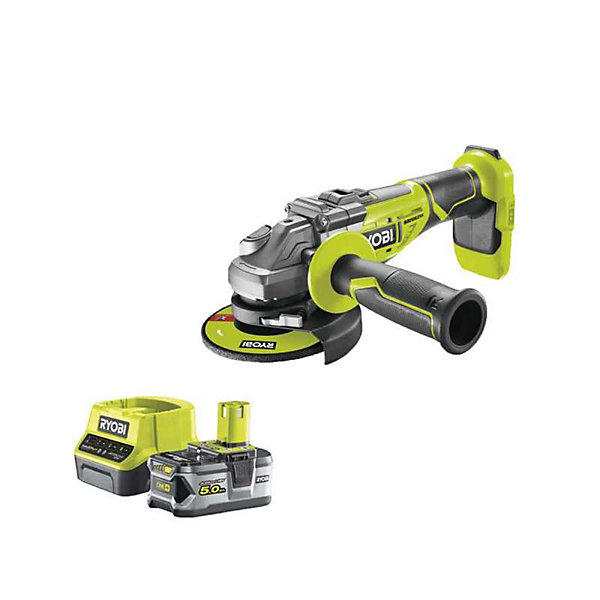 Pack RYOBI meuleuse d'angle brushless 18V One  R18AG7-0 - 1 batterie 18V 5.0Ah - 1 chargeur rapide RC18120-150