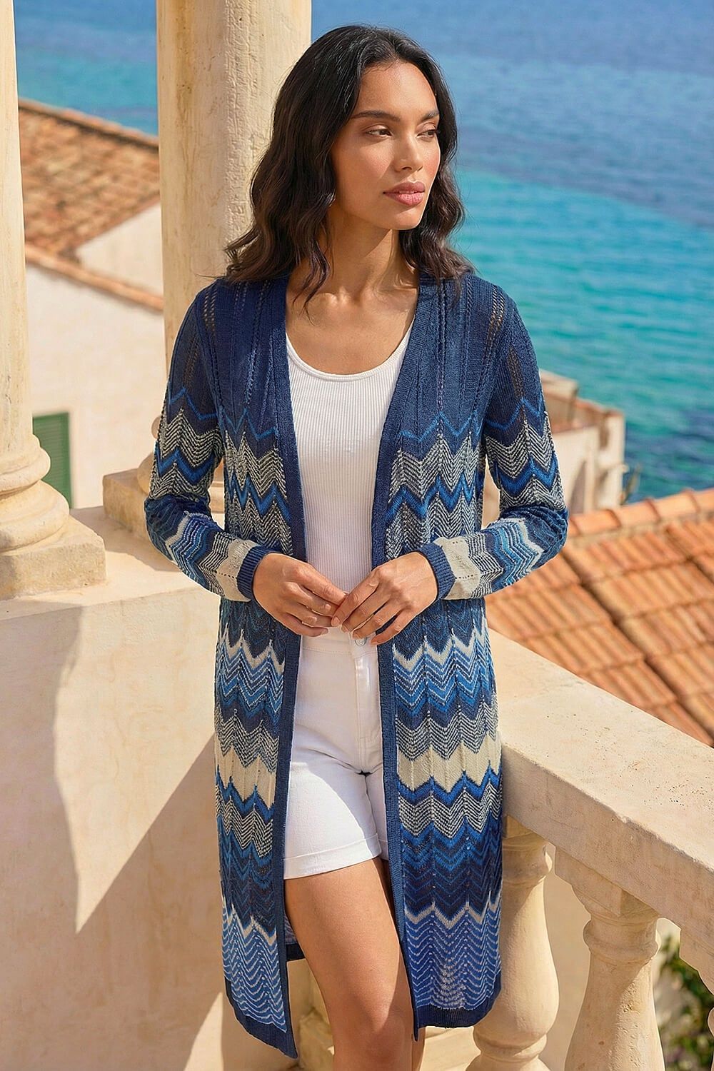 Roman Wave Chevron Longline Knit Cardigan