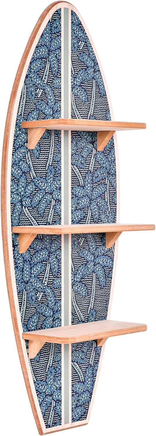 American Art Decor Kona Coast by Reyn Spooner Electric Palms - Navy Surfboard Printed Wall Shelf - 13 x 35