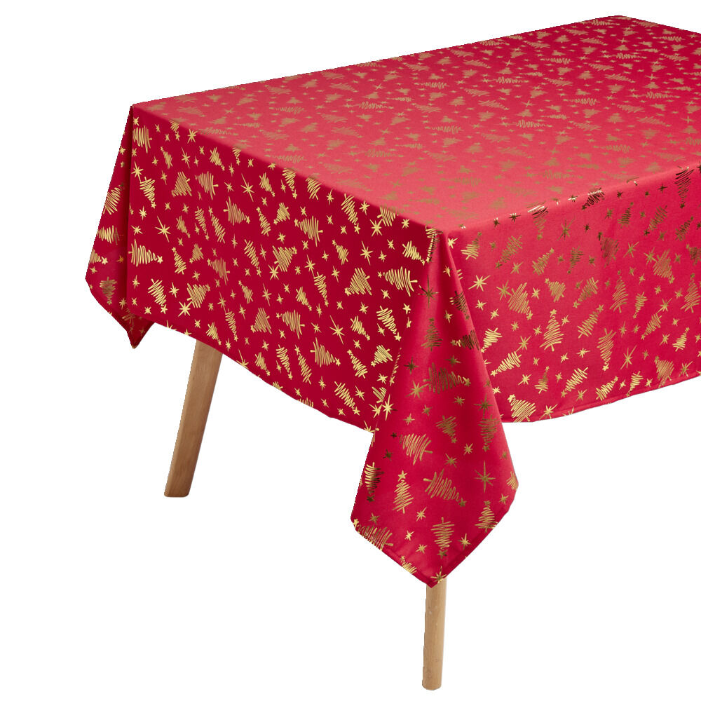 Nappe en tissu rouge motif sapin doré 140x300cm