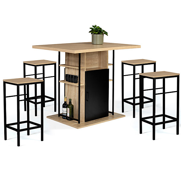Ensemble ilot central 110 cm bois noir et imitation hêtre et 4 tabourets design industriel