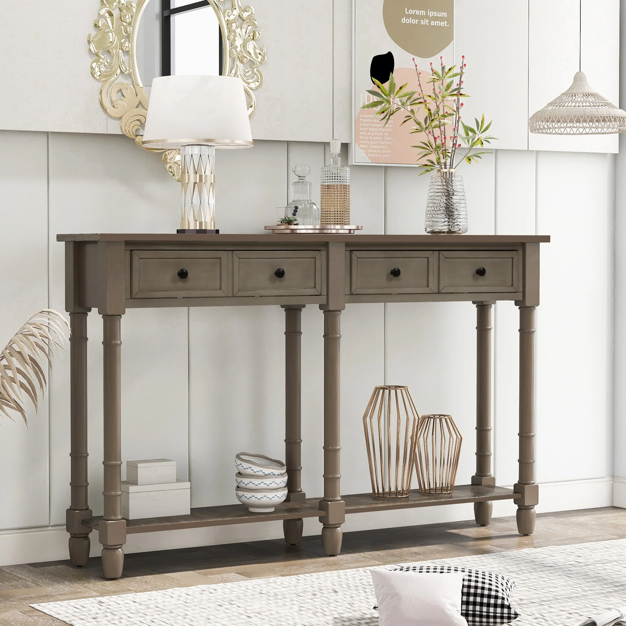 GDFStudio - 58 Rustic Console Table with Two Large Drawers and Bottom Shelf