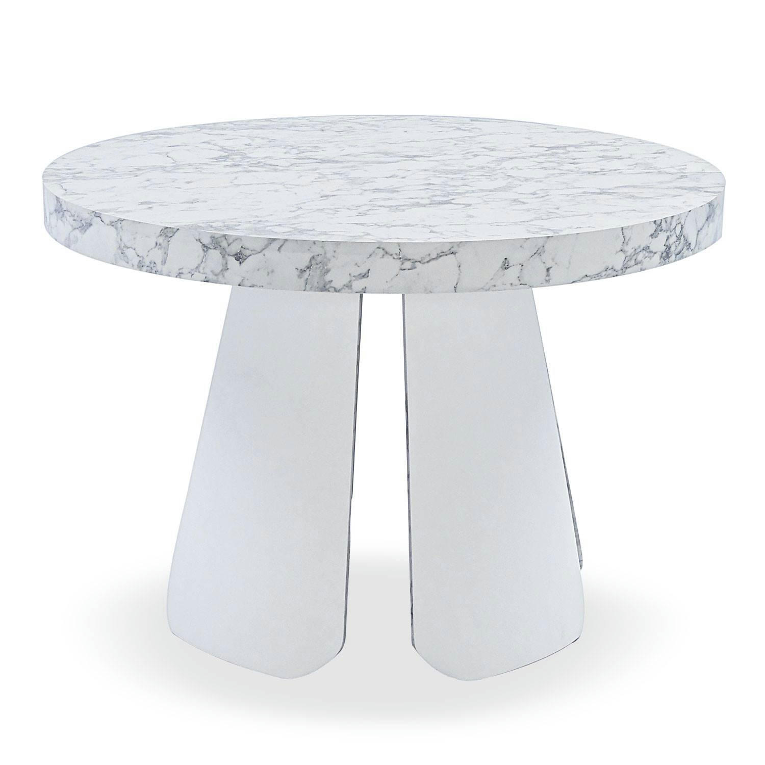 HENRIETTE - Table ronde extensible effet marbre blanc pieds blanc