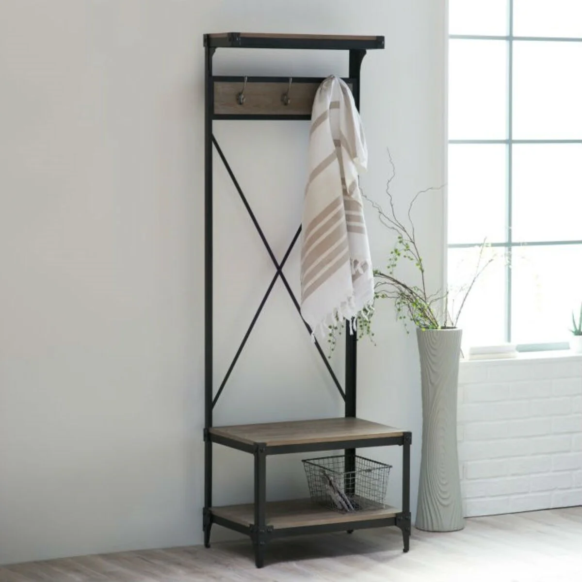 Daily Boutik Rustic Gray Black Metal Frame Entryway Storage Hall Tree - 24 x 17 x 72